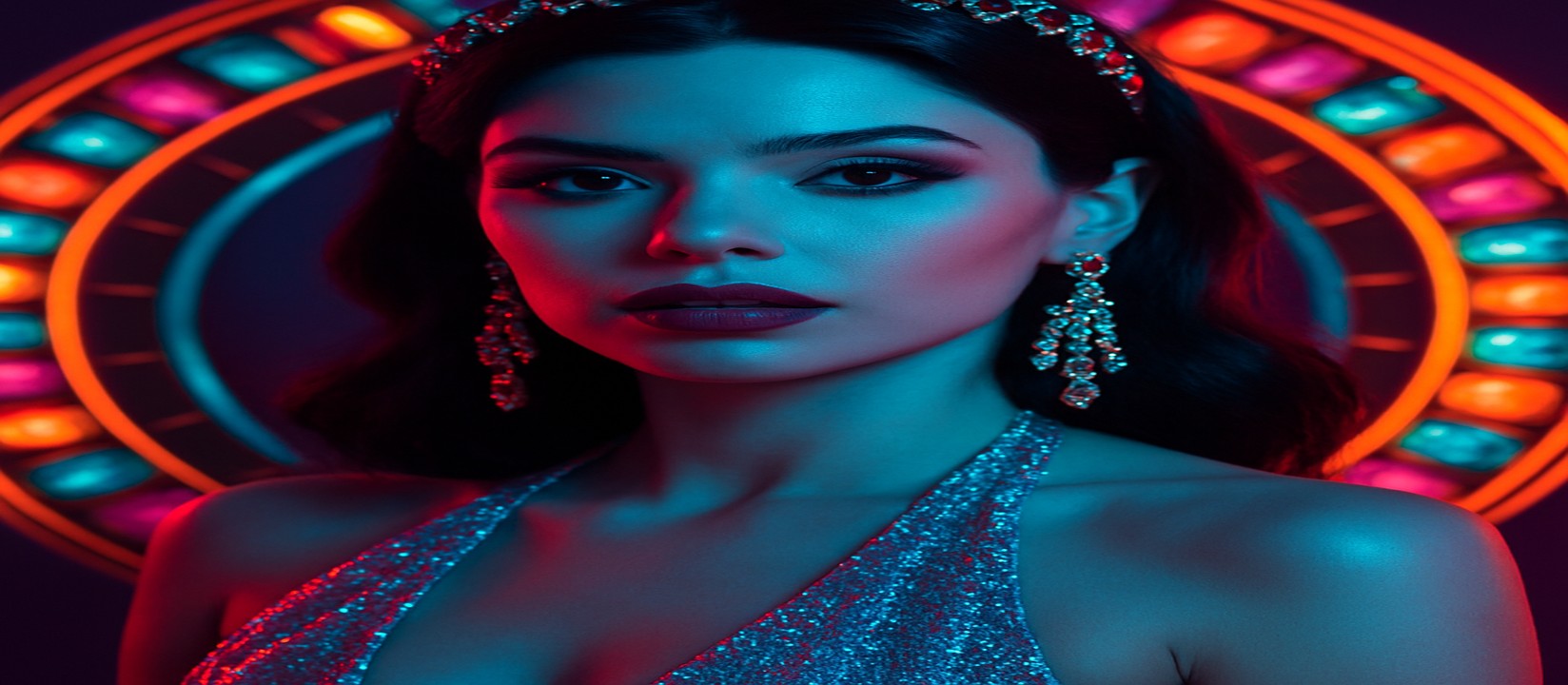 একজন সিকুইন পোশাক পরা নারী একটি উজ্জ্বল রঙের ak444 গেমিং প্ল্যাটফর্ম চাকার সামনে ভঙ্গিমা দিচ্ছেন